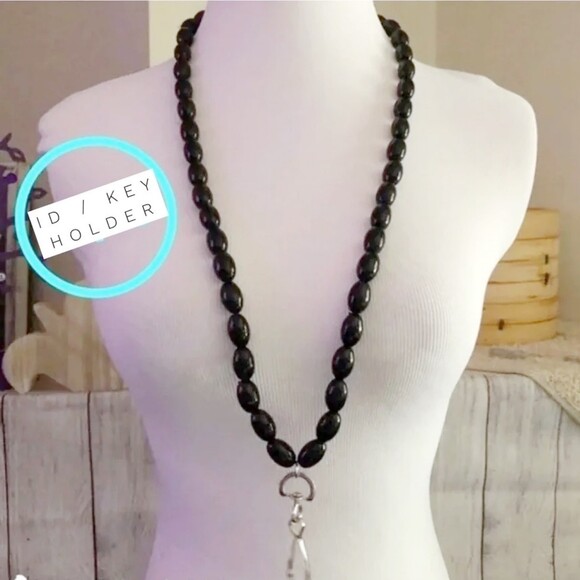 ID Card / Key Holder Necklace Handmade Black Oval Beads - Picture 1 of 5